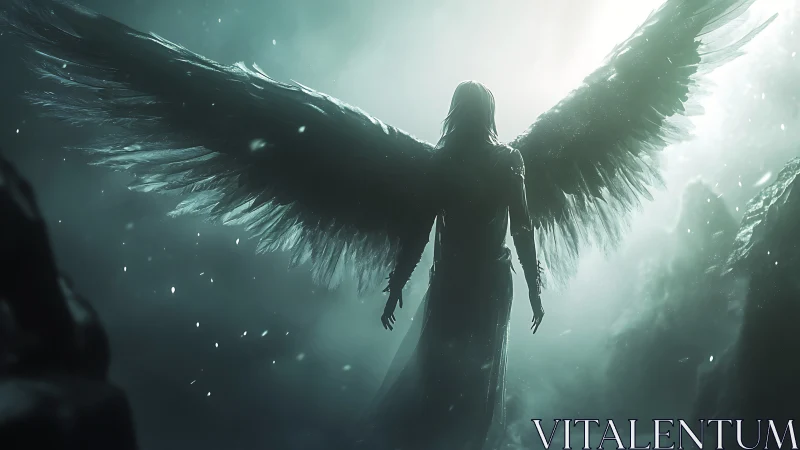 Backlit winged figure in volumetric mist with ethereal glow.