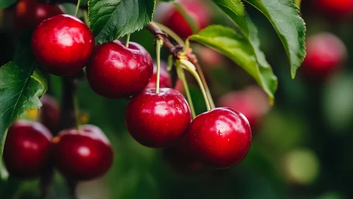 Sun kissed red cherries glow gently on a lush garden tree