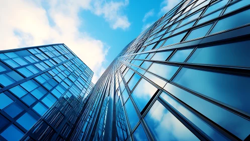 Glass high-rise towers with reflective blue curtain walls.