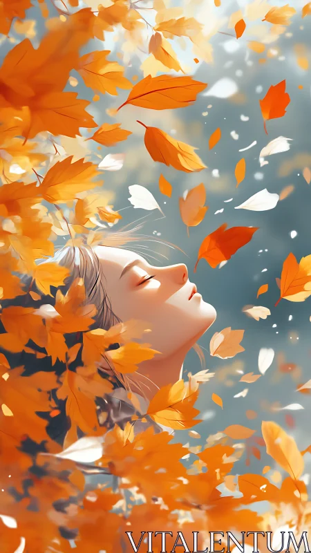 Gentle autumn day wraps a peaceful dreamer in falling leaves
