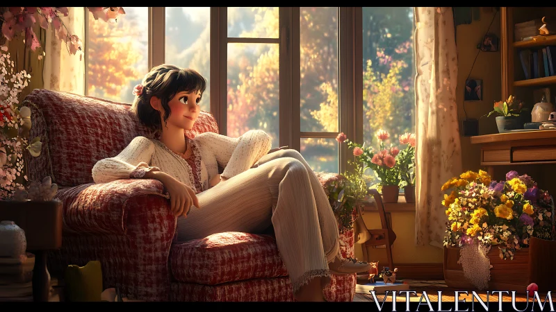 Woman relaxes in sunlit floral studio, warm autumn glow.