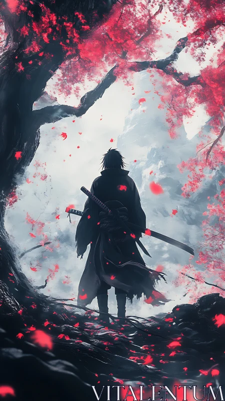 Lone swordsman stands under red blossoms facing misty cliffs