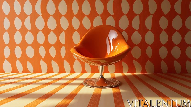 Retro orange pod chair against bold geometric wallpaper.