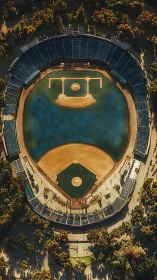 Overhead view of baseball stadium forming face-like layout.