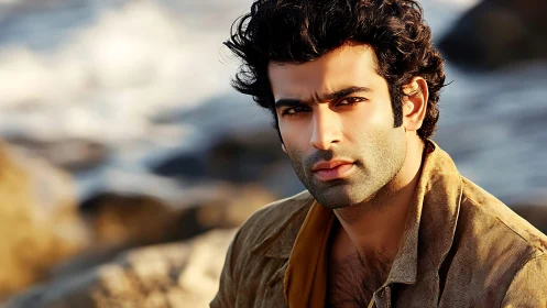 Brooding young man gazes at camera by rocky shoreline.
