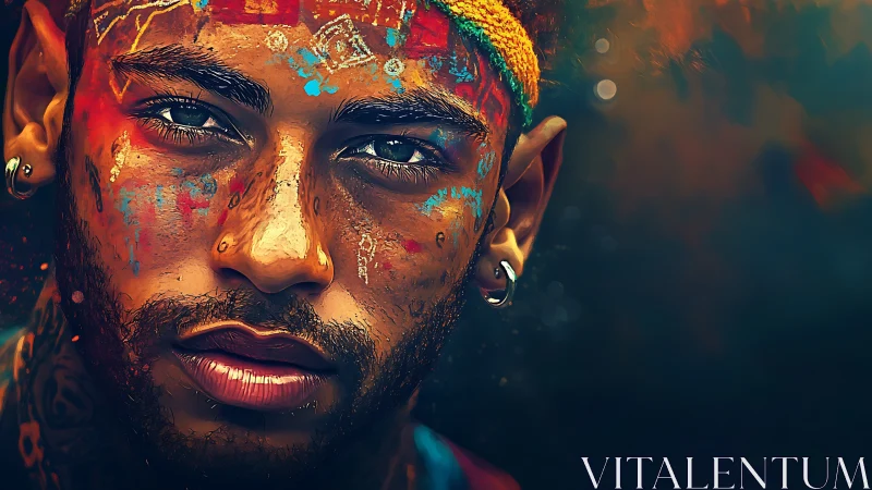 Digital painting portrait with neon tribal facial markings.
