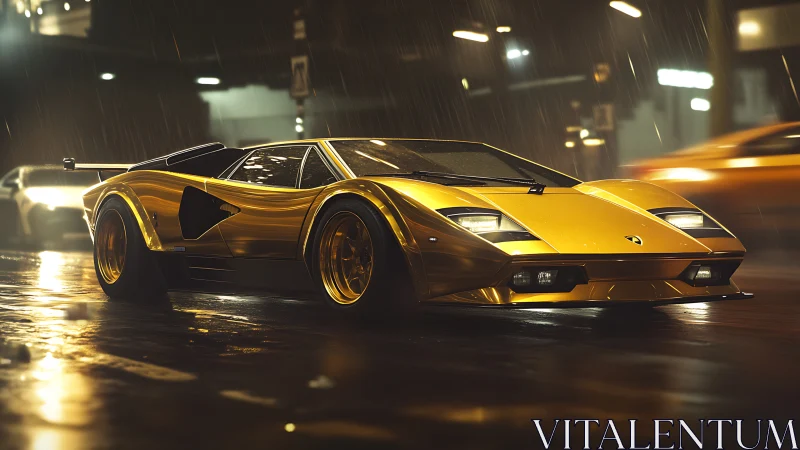 Golden supercar gliding through a rainy neon city night.