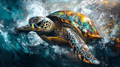 Sea turtle swims through turbulent, stylized ocean waves