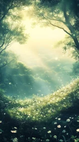 Enchanted forest clearing glows in dreamlike morning light.