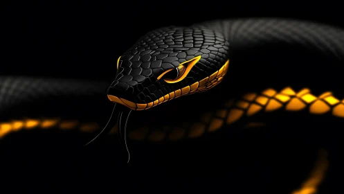 Gleaming black serpent glows softly with molten gold light