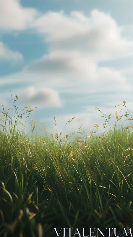Sunlit meadow grass sways gently beneath drifting clouds
