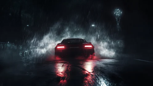 Midnight supercar carves neon streaks through stormy rain.