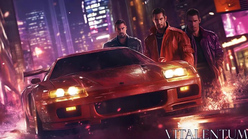 Neon night runners guard a blazing red street racer.