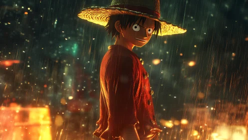 Straw-hatted anime hero stands defiant in shimmering rain.