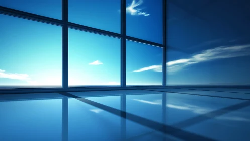 Minimalist glass interior with blue sky reflection.