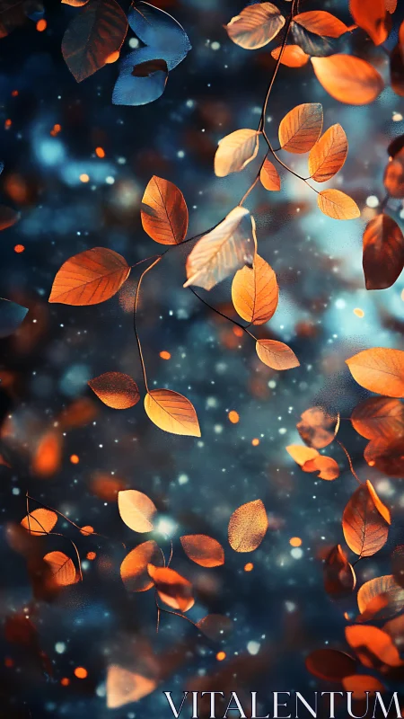 Autumn leaves drifting through a dreamy twilight glow.