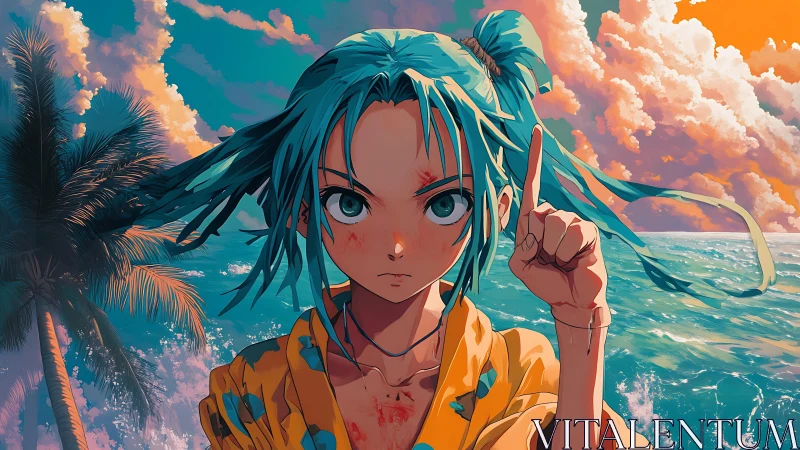 Defiant anime girl commands a stormy neon tropical seascape