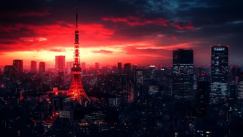 Crimson-illuminated Tokyo tower under high-contrast dusk sky.