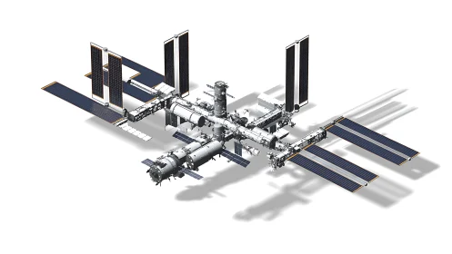 Isometric 3D render depicts modular orbital space station layout