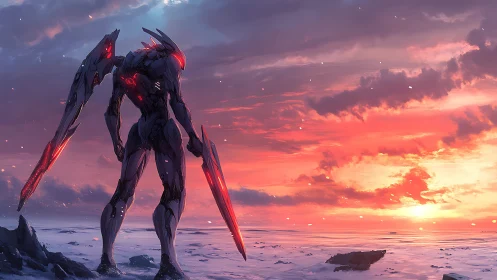 Cybernetic mech stands on icy shore facing vivid sunset