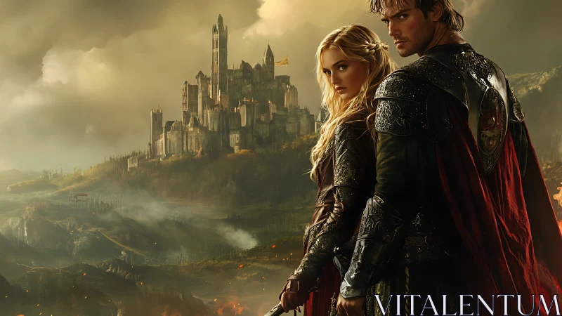 Valiant duo guarding a golden-lit fantasy castle realm.