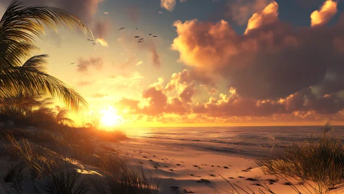 Golden hour tropical shoreline rendered in photoreal detail