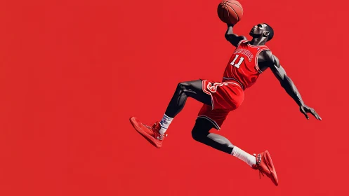 Basketball player executes suspended jump shot against red field