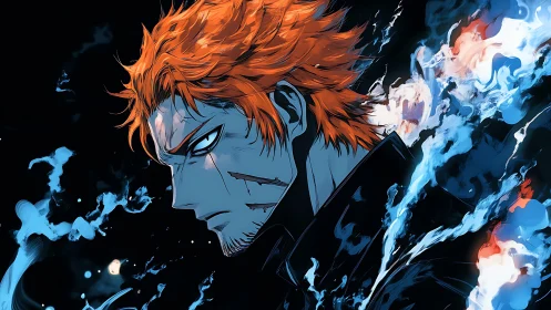 Fiery haired warrior stands amid swirling blue spirit flames