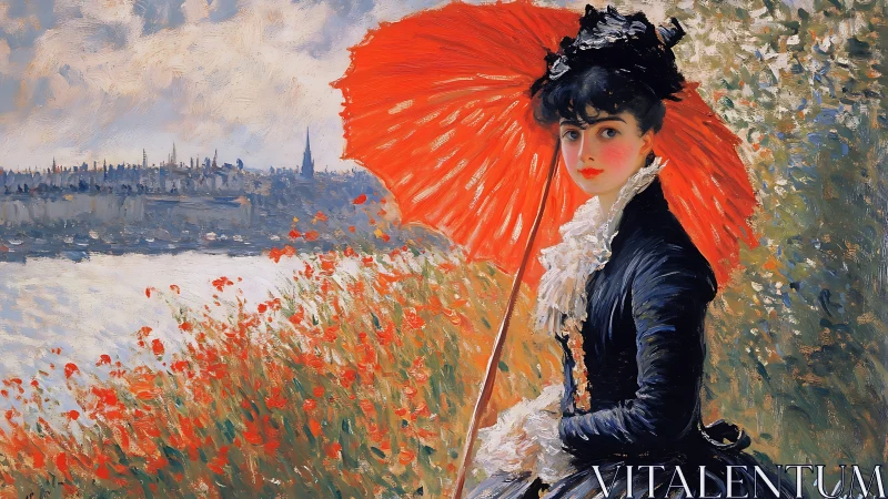 Scarlet umbrella quietly steals the riverbank summer sky