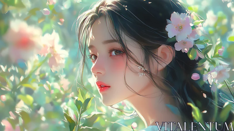 Young woman rendered in soft-focus floral digital portrait