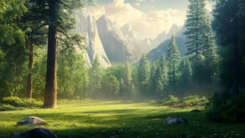 Alpine Valley Meadow with Granite Monoliths and Coniferous Forest Canopy