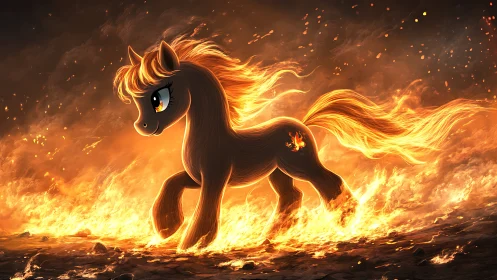 Fiery cartoon pony trotting through bright blazing flames.