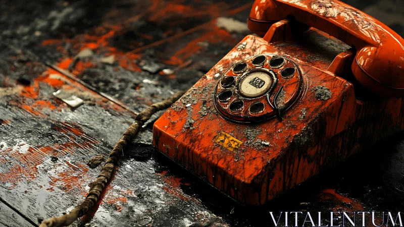 Weathered orange rotary phone rests on a stained floor