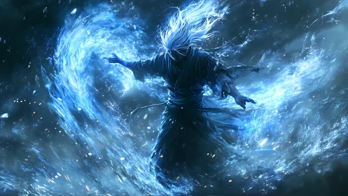Arcane water mage unleashes swirling blue elemental storm.