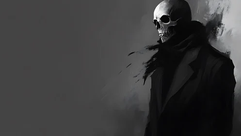 Elegantly dressed skeleton drifts into the gray unknown