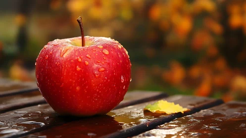 Photorealistic macro of dewy red apple on wet wooden surface.