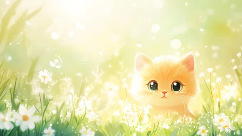 Adorable Orange Kitten in Blooming Meadow With Soft Glowing Light