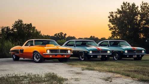 Sunset meet-up with bold classic muscle car trio.