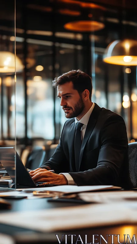 Professional Man Working Late in Modern Office with Warm Lighting.