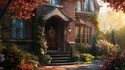 Brick townhouse entrance is framed by dense autumn foliage