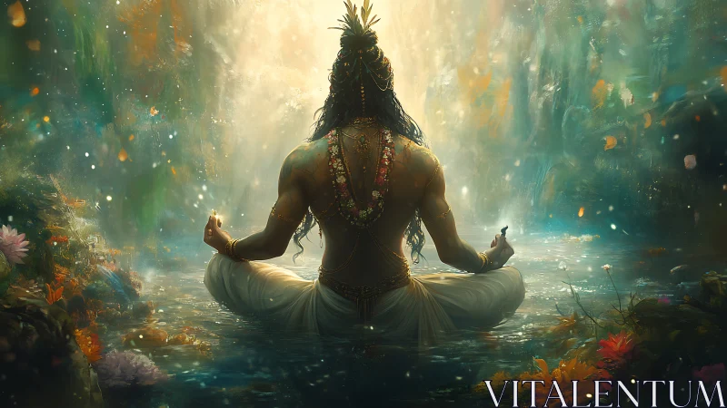 Mystic yogi meditates in luminous forest waterfall pool.