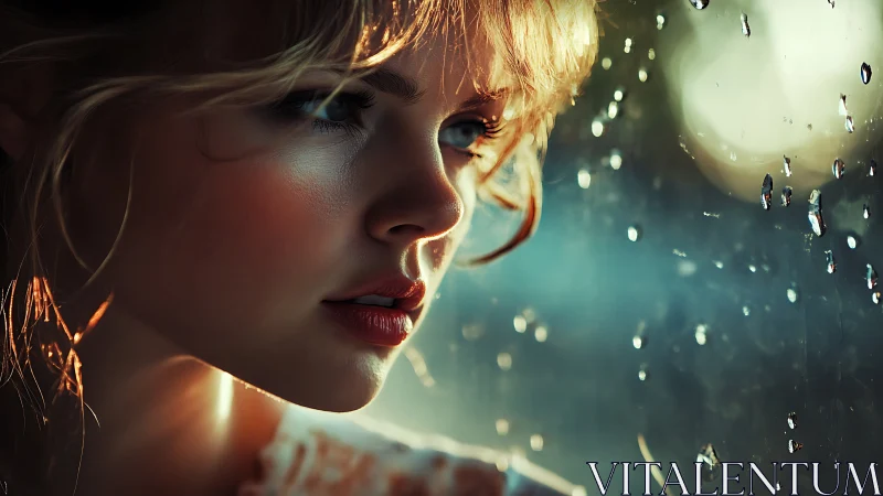 Soft evening portrait gazes through rain-kissed window glass