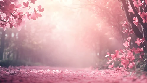 Pink blossom forest path under soft morning light.