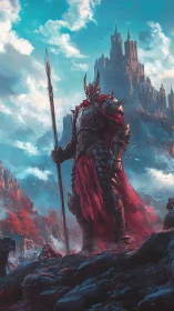 Crimson warlord towers before stormlit obsidian fortress.