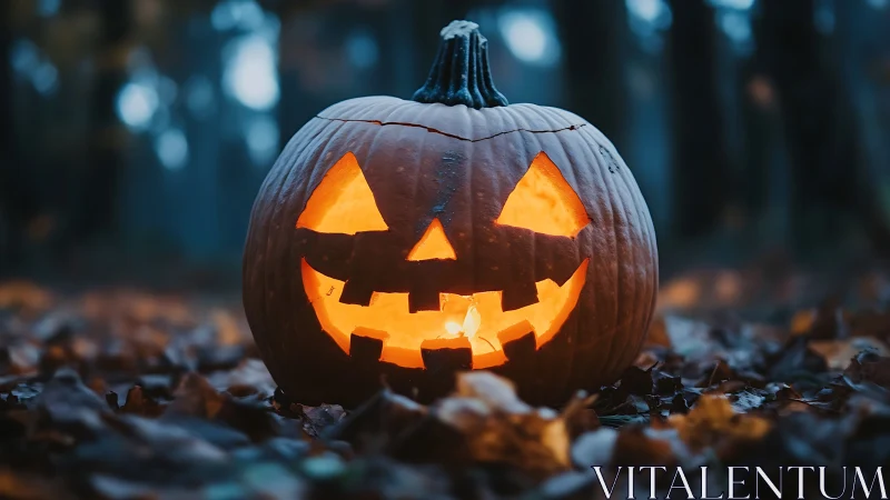 Glowing jack o lantern on forest floor at dusk.