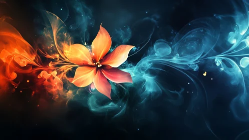 Fiery orange flower emerging in swirling blue smoke