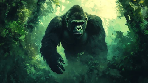 Gorilla moving through dense green jungle environment.