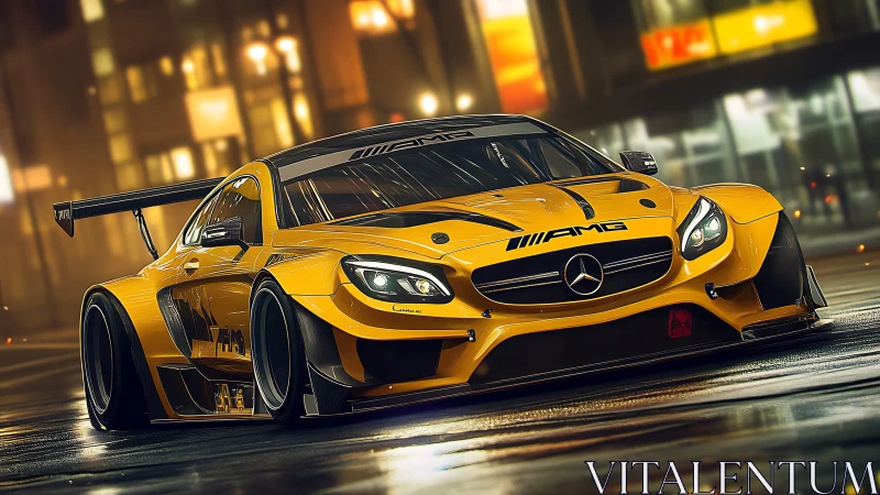 Golden AMG GT race car under neon city lights at night.