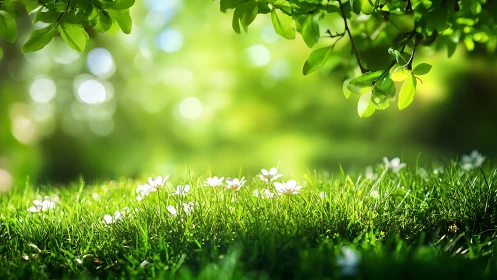 Sunlit grass and white flowers beneath green tree branches.