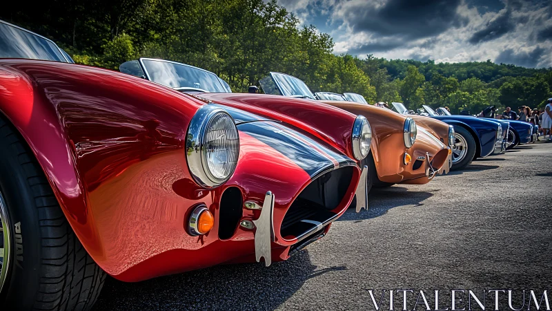 Classic roadsters aligned at outdoor car show event.